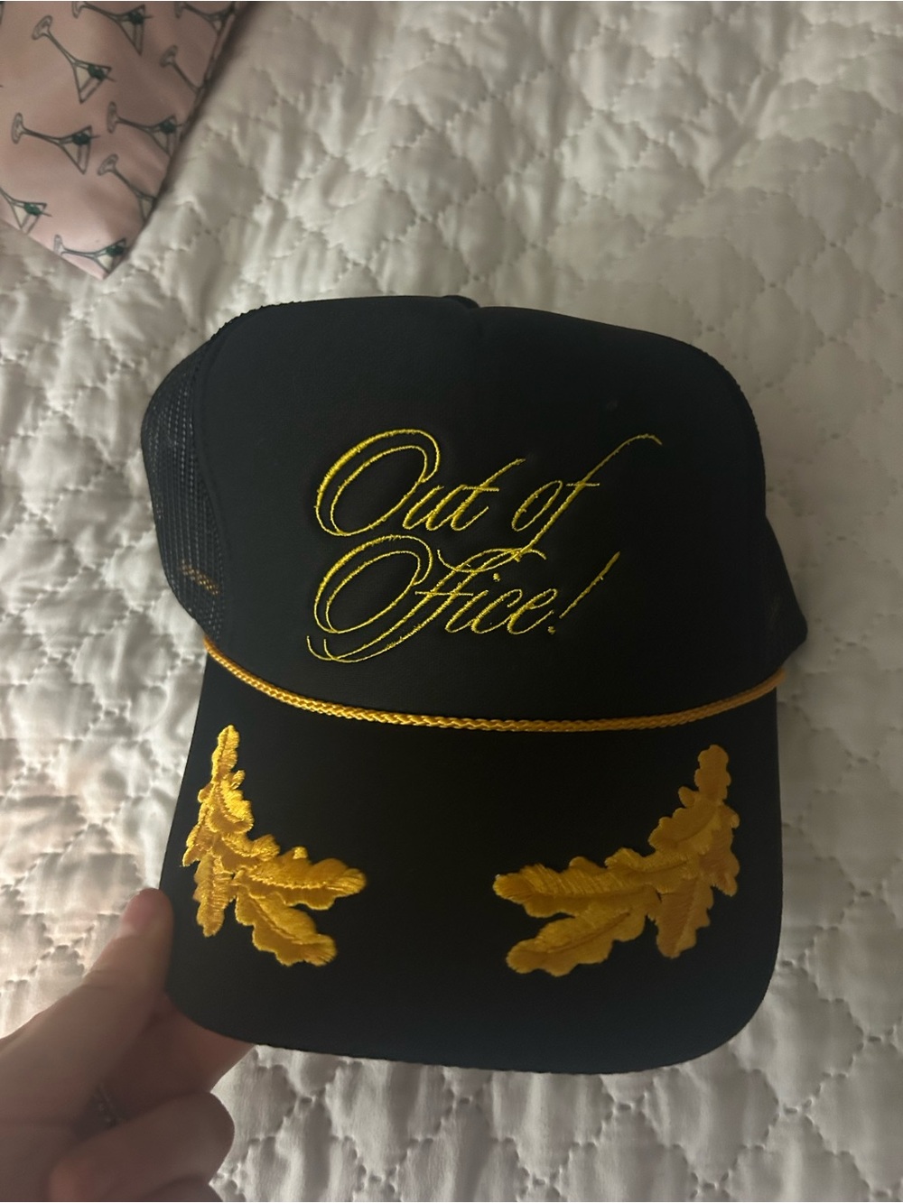 Out of Office! Black & Gold Embroidered Trucker Cap